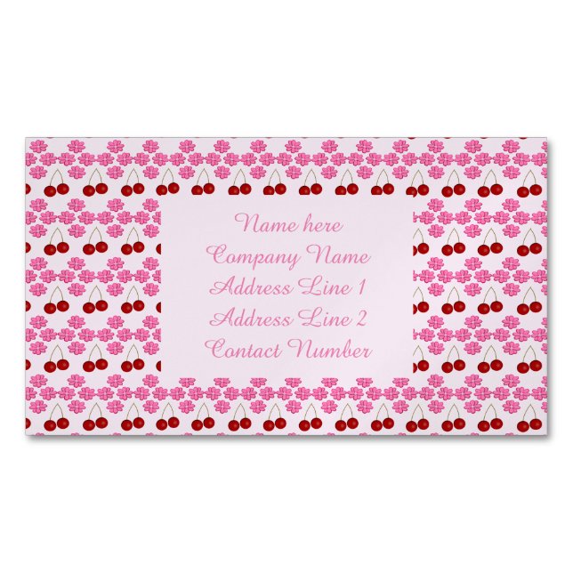 Pink Spring Cherry blossom and cherries Patterned Business Card Magnet (Front)