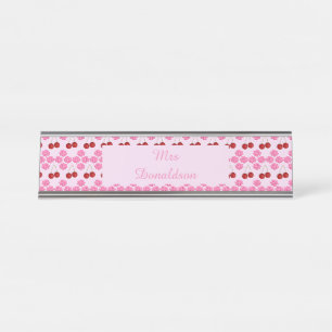 Pink Spring Cherry blossom and cherries Patterned Desk Name Plate
