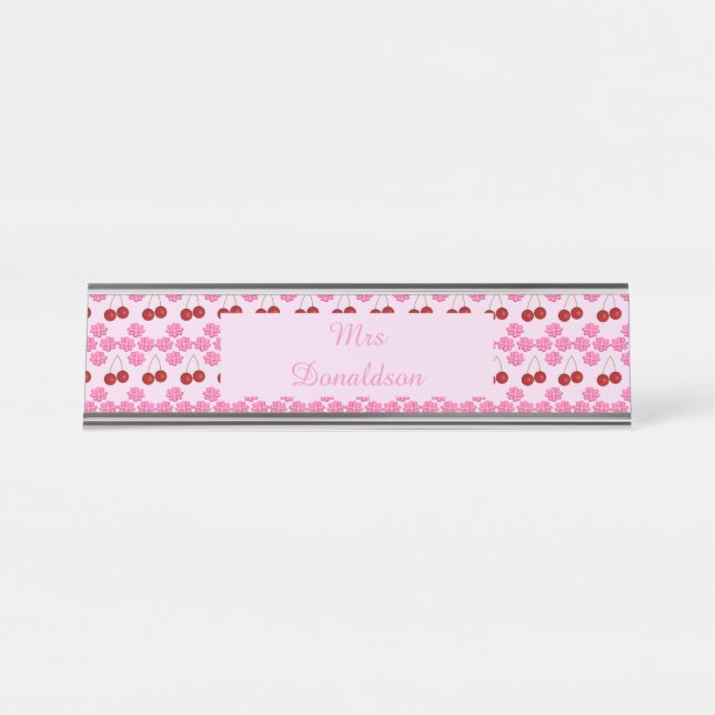 Pink Spring Cherry blossom and cherries Patterned Desk Name Plate (Front)
