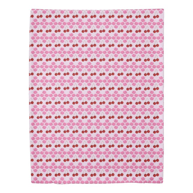 Pink Spring Cherry blossom and cherries Patterned Duvet Cover (Front)