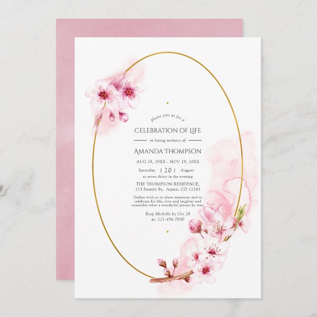 Pink Spring Cherry Blossom Celebration of Life Invitation (Front/Back)