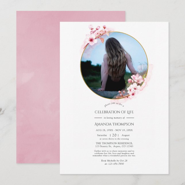 Pink Spring Cherry Blossom Celebration of Life Invitation (Front/Back)