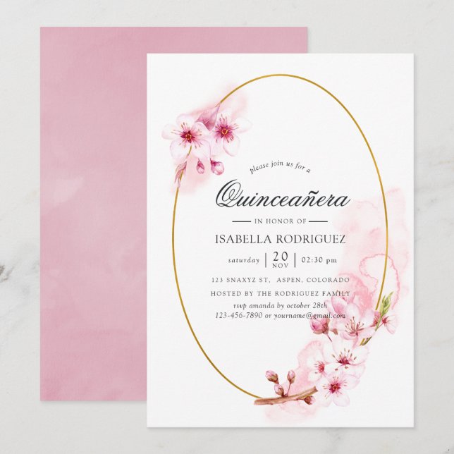 Pink Spring Cherry Blossom Quinceañera Invitation (Front/Back)