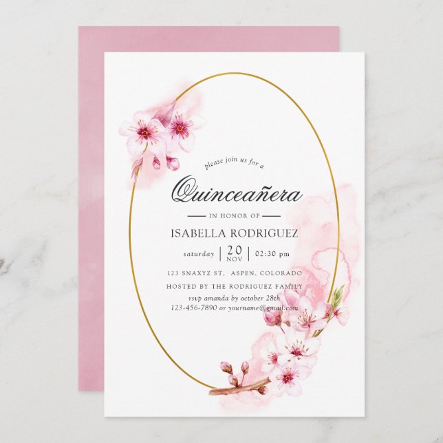 Pink Spring Cherry Blossom Quinceañera Invitation (Front/Back)