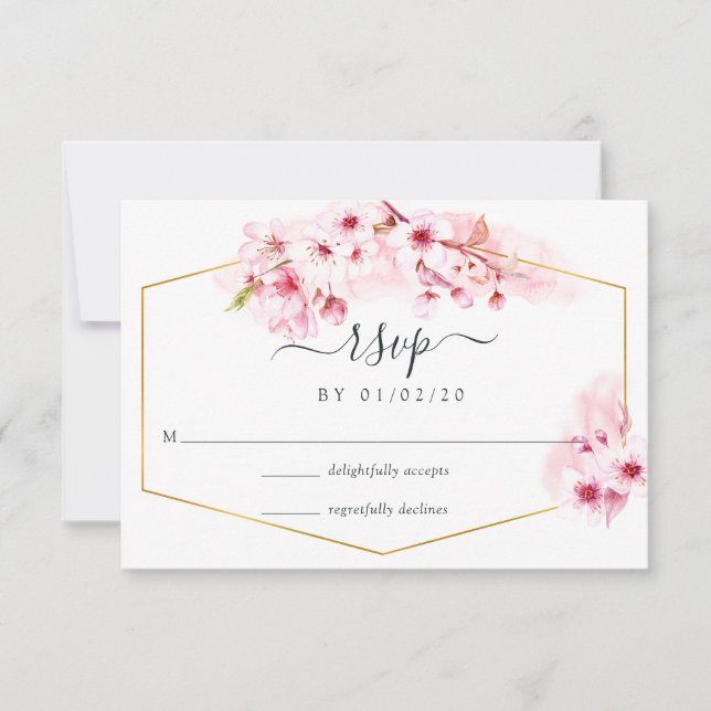 Pink Spring Cherry Blossom Quinceañera RSVP Card (Front)