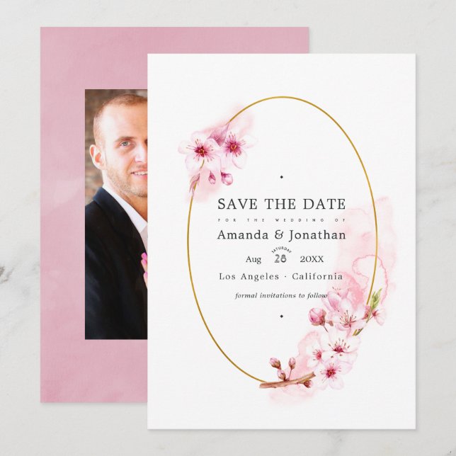 Pink Spring Cherry Blossom Wedding Photo Save The Date (Front/Back)