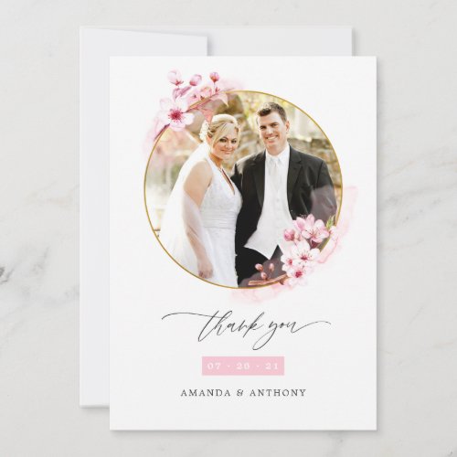 Pink Spring Cherry Blossom Wedding Photo Thank You Card
