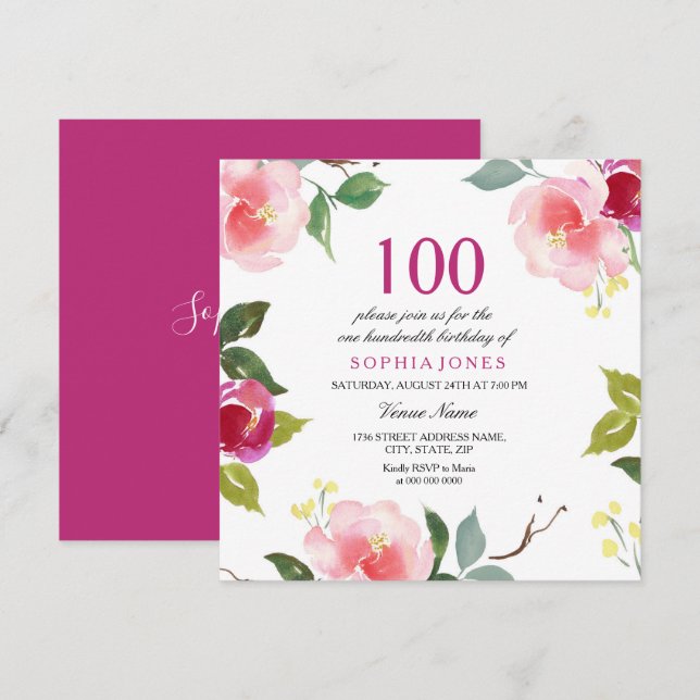 Pink Spring Floral 100th Birthday Party Invitation (Front/Back)