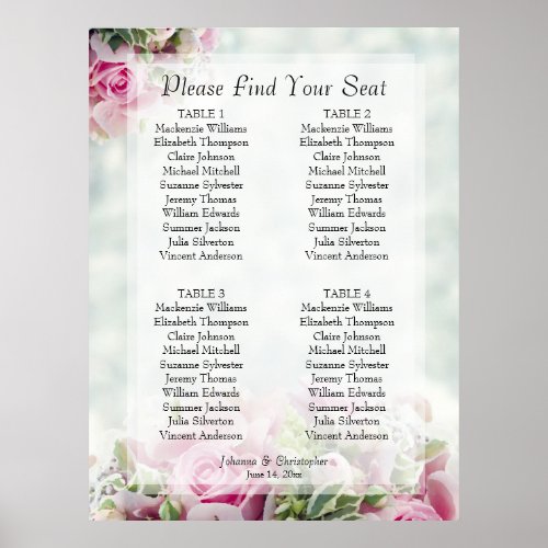 Pink Spring Floral 4 Table Wedding Seating Chart