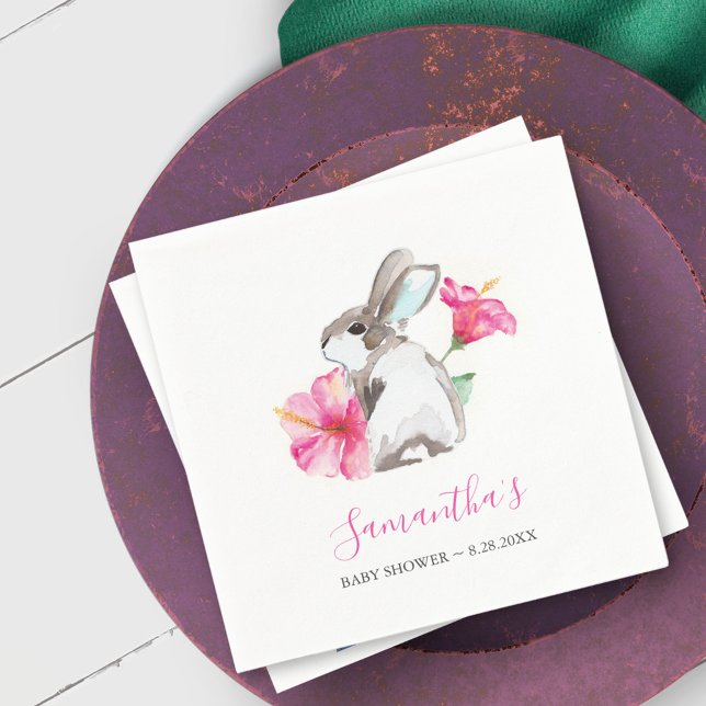 Pink Spring Floral Bunny Watercolor Napkins (Watercolor bunny rabbit and pink floral design. )