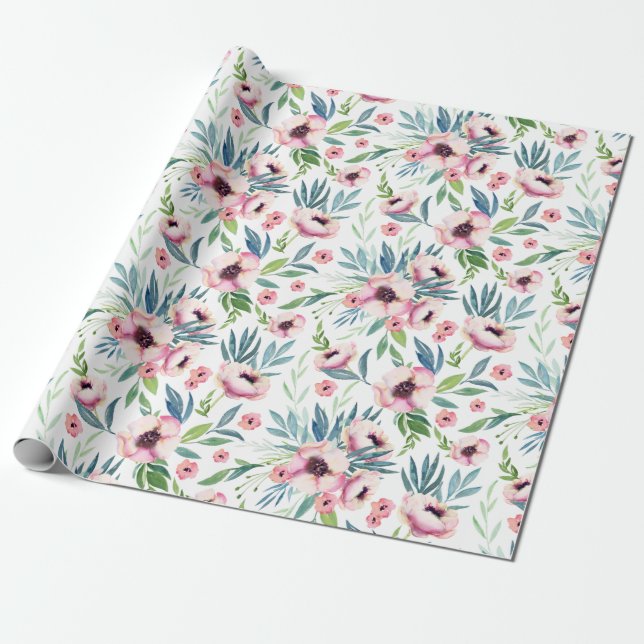 Pink Spring Floral Pattern Wrapping Paper (Unrolled)