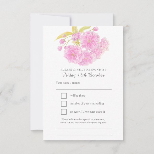 Pink spring floral watercolor wedding RSVP Card (Front)