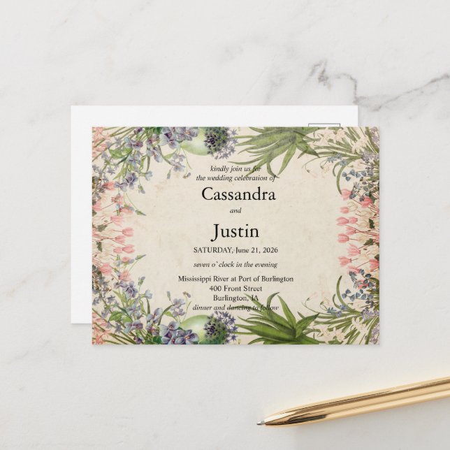 Pink Spring  Floral Wedding Invite (Front/Back In Situ)