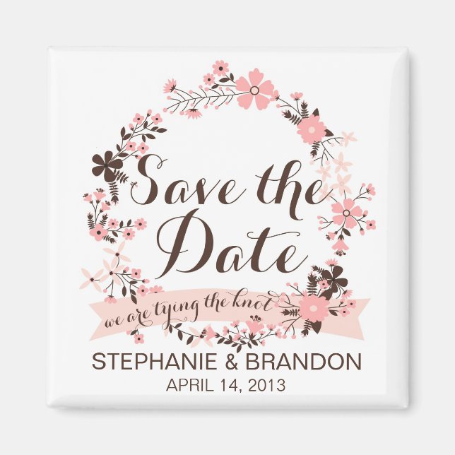 Pink Spring Floral Wreath Save The Date Magnet (Front)
