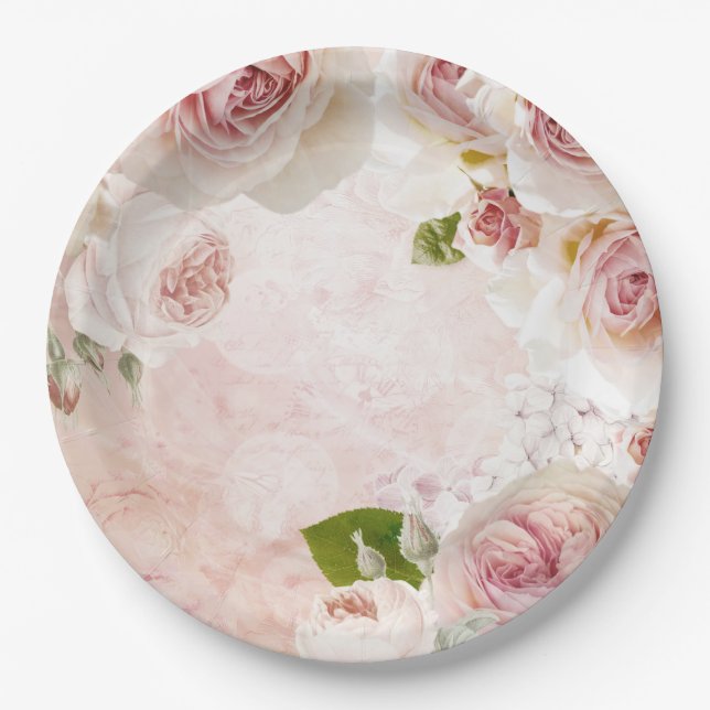 Pink Spring Flower Rose Pastel Collage Paper Plates (Front)