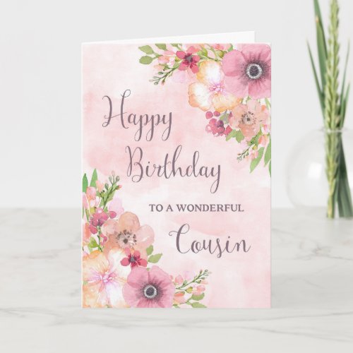 Pink Spring Flowers Cousin Birthday Card