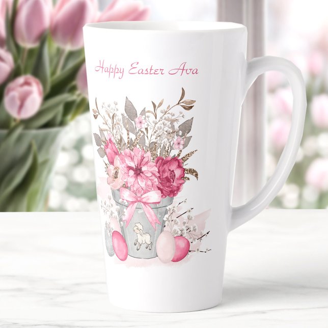 Pink Spring flowers Easter Personalized Name Latte Mug (Pink Spring flowers Easter Personalized Name Latte Mug)
