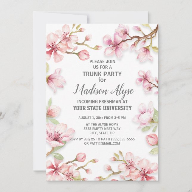 Pink Spring Garden Floral College Trunk Party Invitation (Front)