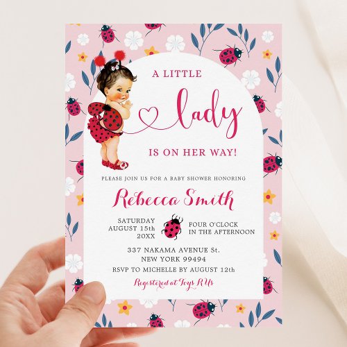 Pink Spring Ladybug Brown Hair Baby Shower Invitation