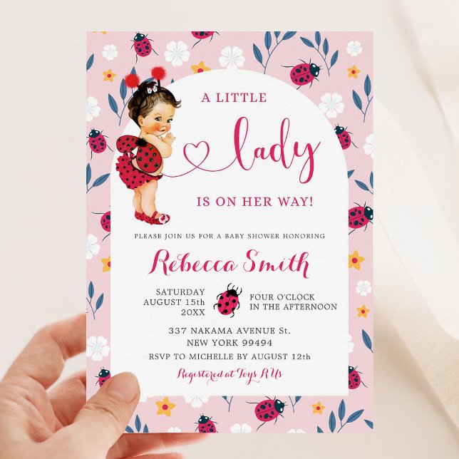 Pink Spring Ladybug Brown Hair Baby Shower Invitation (Creator Uploaded)