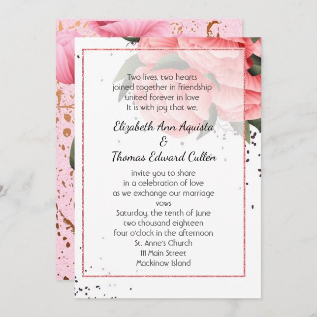 Pink Spring Rose Floral Wedding Invitation (Front/Back)