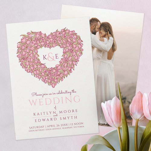 Pink spring tulips heart art photo wedding invitation