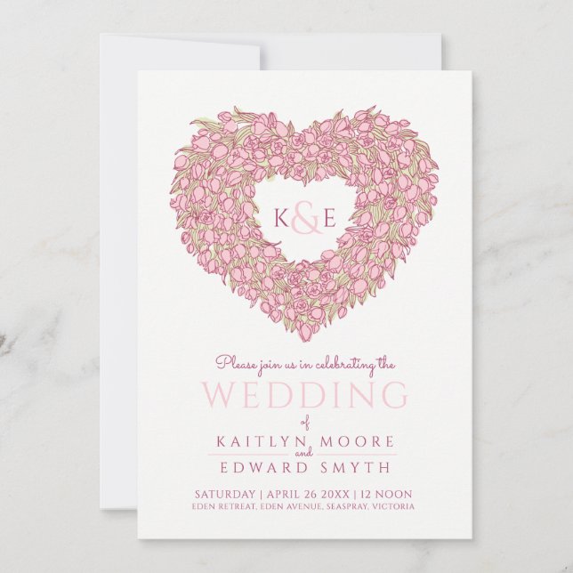 Pink spring tulips heart art photo wedding invitation (Front)