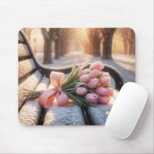 Pink Spring Tulips On Snowy Bench Mouse Pad