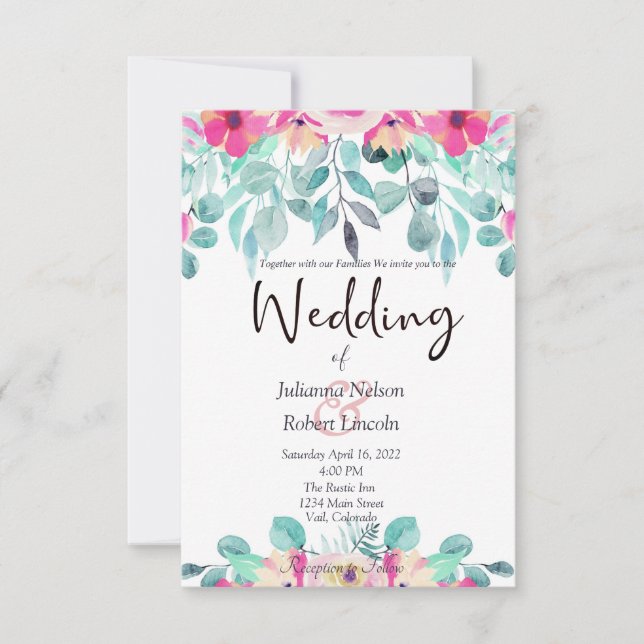 Pink spring watercolor floral wedding invitation (Front)