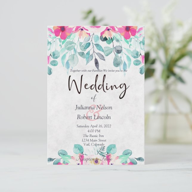 Pink spring watercolor floral wedding invitation (Standing Front)
