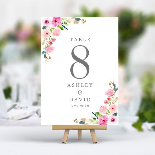 Pink Spring Watercolor Floral Wedding Table Number