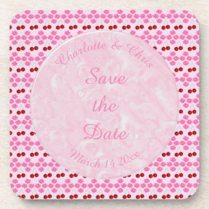 Pink Spring Wedding Cherry blossom and cherries Beverage Coaster