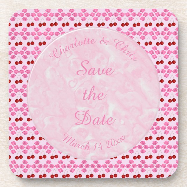 Pink Spring Wedding Cherry blossom and cherries Beverage Coaster (Front)