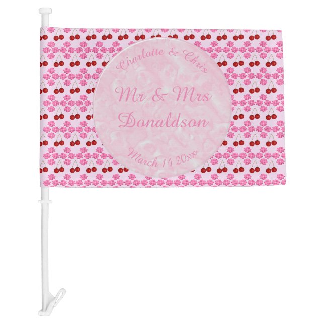 Pink Spring Wedding Cherry blossom and cherries Car Flag (Front)