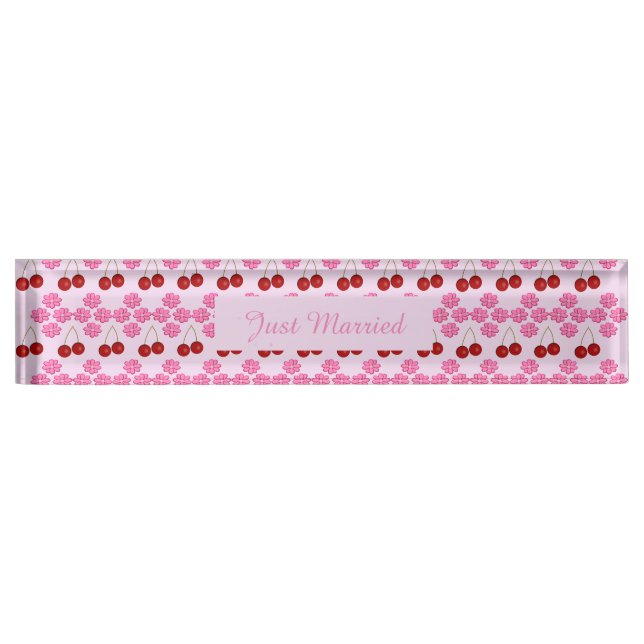 Pink Spring Wedding Cherry blossom and cherries Desk Name Plate (Front)