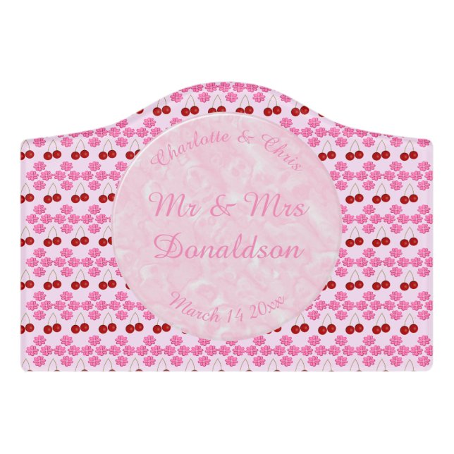 Pink Spring Wedding Cherry blossom and cherries Door Sign (Small Crest Front)