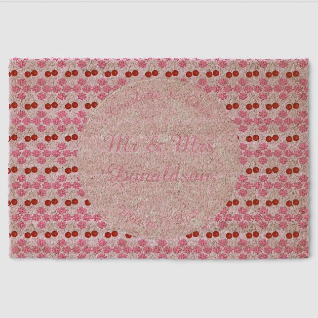 Pink Spring Wedding Cherry blossom and cherries Fiber Doormat (Front)