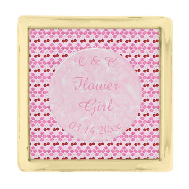 Pink Spring Wedding Cherry blossom and cherries Gold Finish Lapel Pin (Front)