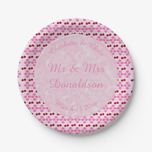 Pink Spring Wedding Cherry blossom and cherries Paper Plates (Front)