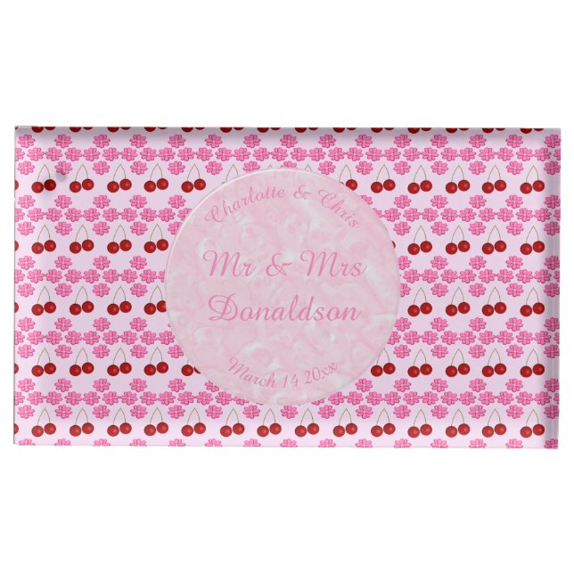 Pink Spring Wedding Cherry blossom and cherries Place Card Holder (Front)