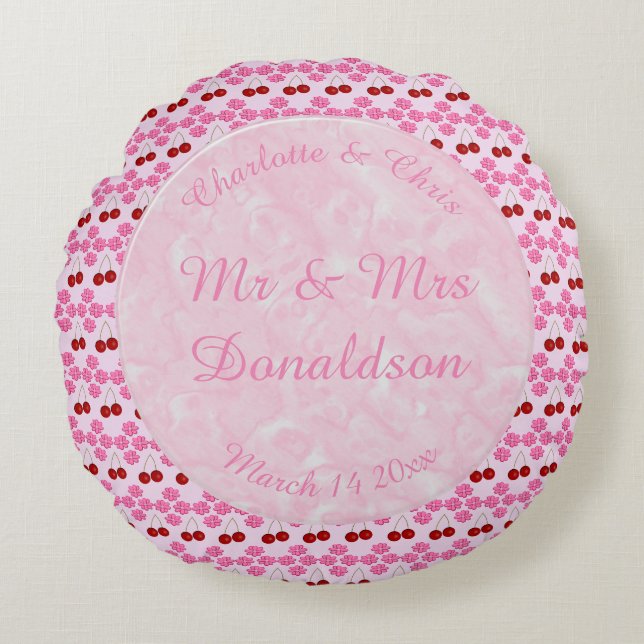 Pink Spring Wedding Cherry blossom and cherries Round Pillow (Front)