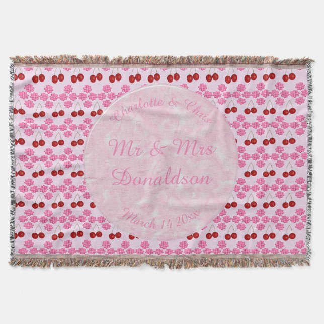 Pink Spring Wedding Cherry blossom and cherries Throw Blanket (Front)