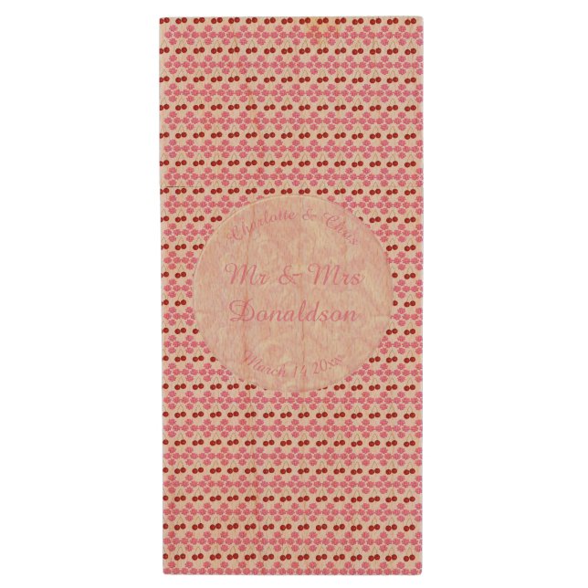 Pink Spring Wedding Cherry blossom and cherries Wood Flash Drive (Front Vertical)
