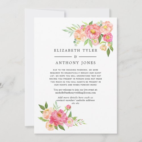 Pink Spring Wedding Floral Reduced Guest List Announcement