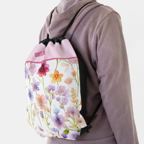 Pink Spring Wild Flowers Book and Accessory Drawstring Bag