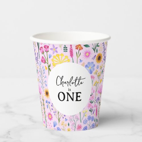 Pink Spring Wildflowers Baby Girl First Birthday Paper Cups