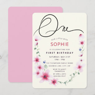 Pink Spring Wildflowers Wreath Our Little Miss One Invitation