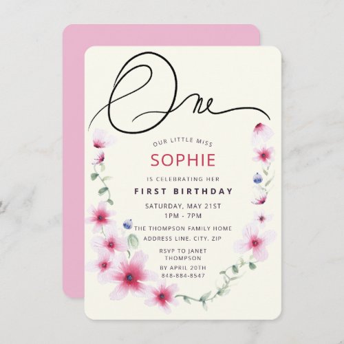 Pink Spring Wildflowers Wreath Our Little Miss One Invitation