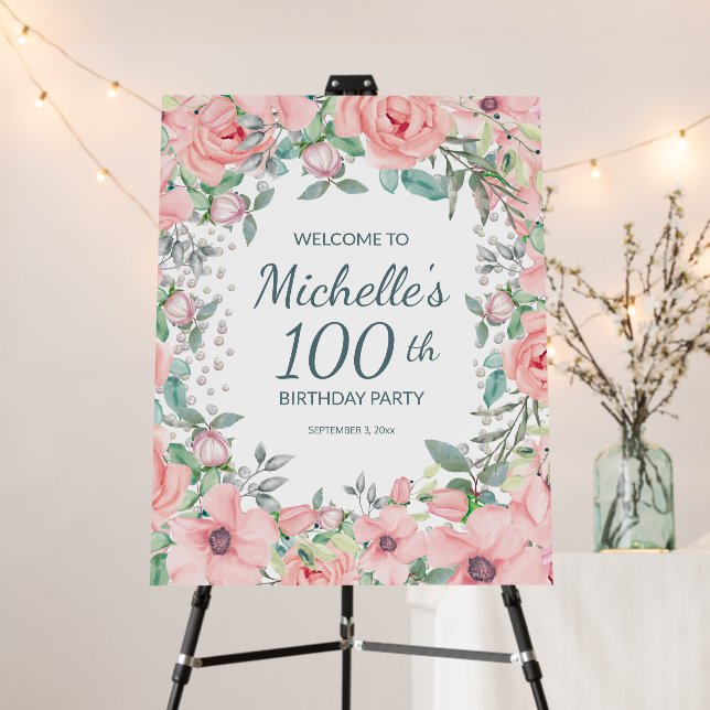 Pink Springtime Floral Greenery 100th Birthday Foa Foam Board (In Situ (Stand))