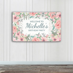 Pink Springtime Floral Greenery Birthday Banner
